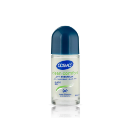A sleek bottle of Anti-Perspirant Clean Comfort Quick Dry Roll-On with minimalistic design, highlighting its sweat protection, refreshing fragrance, and quick-dry convenience for everyday use. 